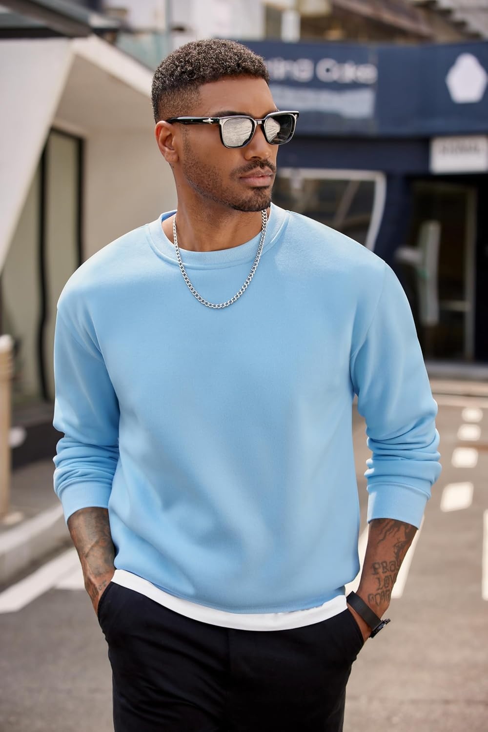 image:imageCOOFANDY Mens Crewneck Sweatshirts Fleece Pullover Thermal Casual Shirt Soft Fleece Lining Long Sleeve Classic Crewneck Fashion Sweatshirt Fall Winter Warm Sweatshirts Basic TopsLight Blue