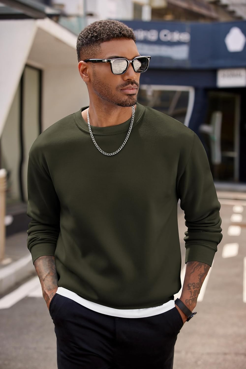 image:imageCOOFANDY Mens Crewneck Sweatshirts Fleece Pullover Thermal Casual Shirt Soft Fleece Lining Long Sleeve Classic Crewneck Fashion Sweatshirt Fall Winter Warm Sweatshirts Basic TopsArmy Green