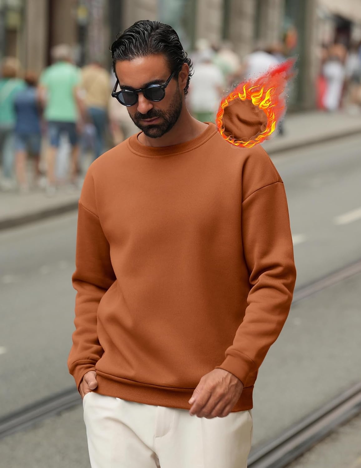 image:imageCOOFANDY Mens Crewneck Sweatshirts Fleece Pullover Thermal Casual Shirt Soft Fleece Lining Long Sleeve Classic Crewneck Fashion Sweatshirt Fall Winter Warm Sweatshirts Basic TopsLight Brown
