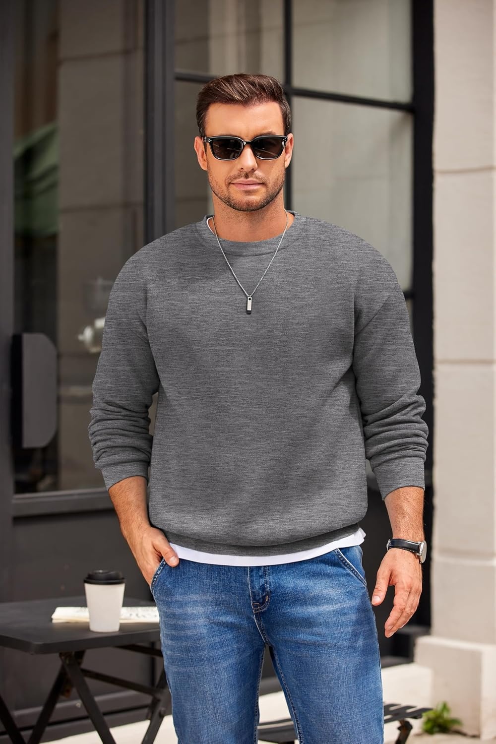 image:imageCOOFANDY Mens Crewneck Sweatshirts Fleece Pullover Thermal Casual Shirt Soft Fleece Lining Long Sleeve Classic Crewneck Fashion Sweatshirt Fall Winter Warm Sweatshirts Basic TopsDark Gray