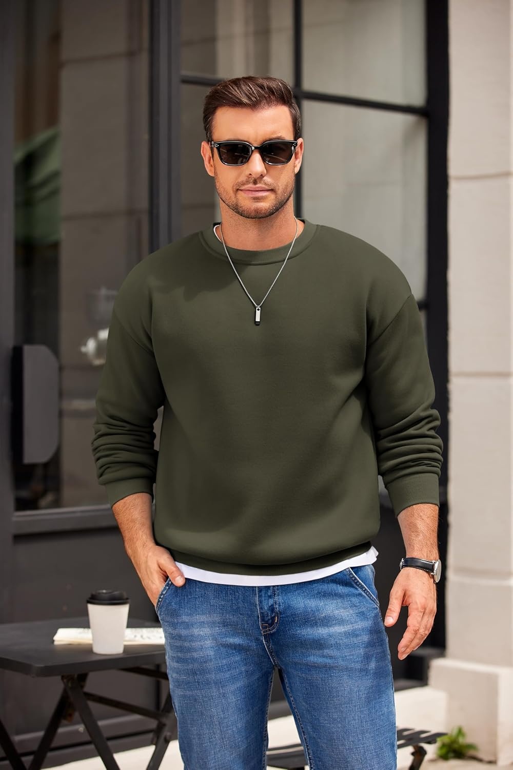 image:imageCOOFANDY Mens Crewneck Sweatshirts Fleece Pullover Thermal Casual Shirt Soft Fleece Lining Long Sleeve Classic Crewneck Fashion Sweatshirt Fall Winter Warm Sweatshirts Basic TopsArmy Green