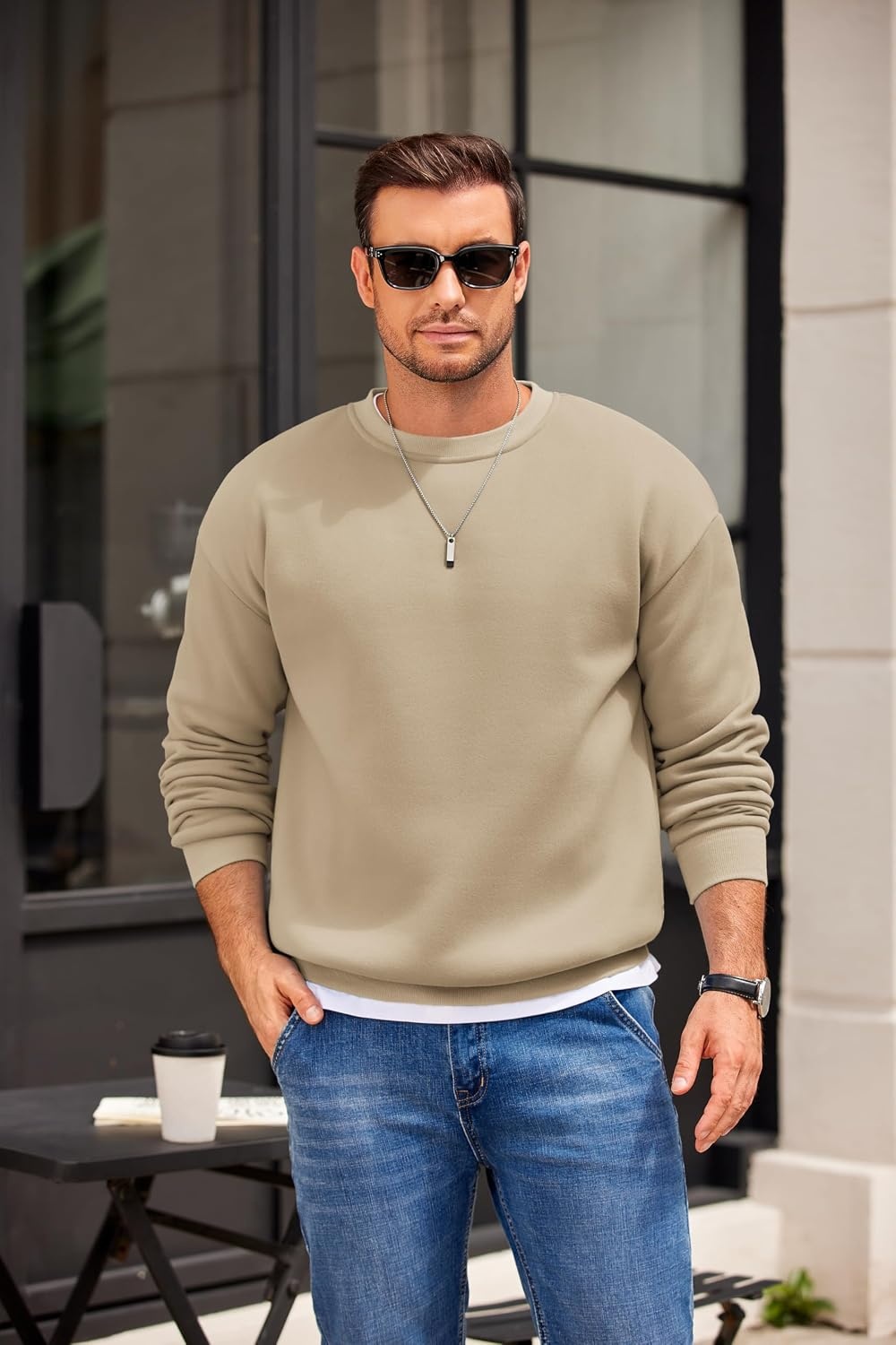image:imageCOOFANDY Mens Crewneck Sweatshirts Fleece Pullover Thermal Casual Shirt Soft Fleece Lining Long Sleeve Classic Crewneck Fashion Sweatshirt Fall Winter Warm Sweatshirts Basic TopsKhaki