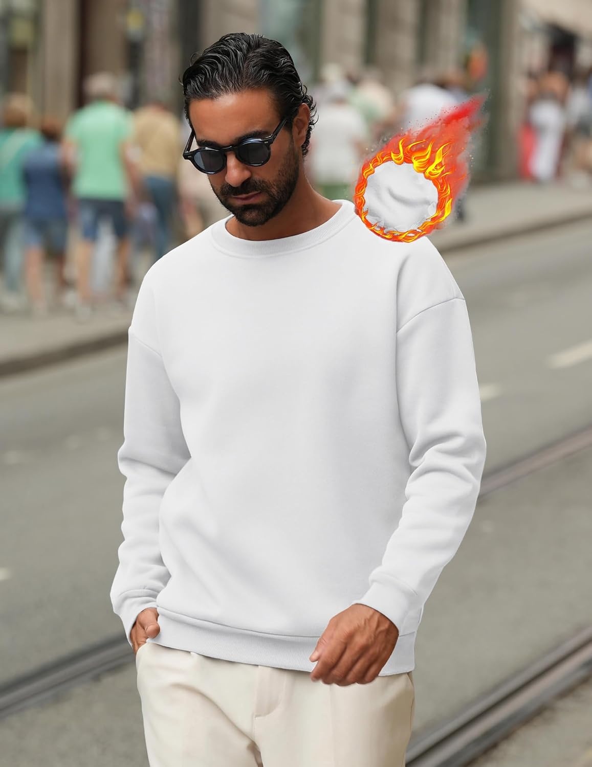 image:imageCOOFANDY Mens Crewneck Sweatshirts Fleece Pullover Thermal Casual Shirt Soft Fleece Lining Long Sleeve Classic Crewneck Fashion Sweatshirt Fall Winter Warm Sweatshirts Basic TopsWhite