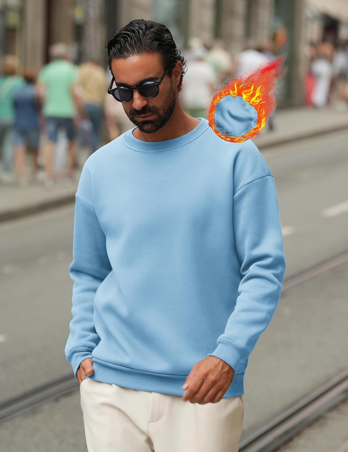image:imageCOOFANDY Mens Crewneck Sweatshirts Fleece Pullover Thermal Casual Shirt Soft Fleece Lining Long Sleeve Classic Crewneck Fashion Sweatshirt Fall Winter Warm Sweatshirts Basic TopsLight Blue