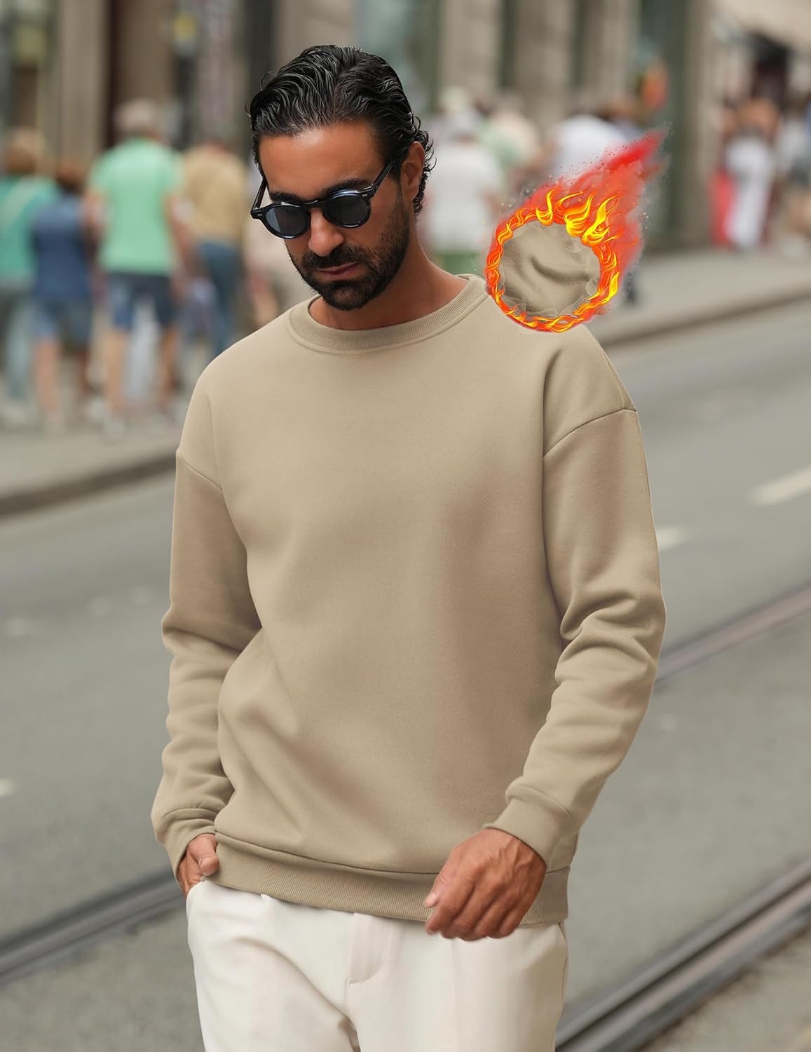 image:imageCOOFANDY Mens Crewneck Sweatshirts Fleece Pullover Thermal Casual Shirt Soft Fleece Lining Long Sleeve Classic Crewneck Fashion Sweatshirt Fall Winter Warm Sweatshirts Basic TopsKhaki