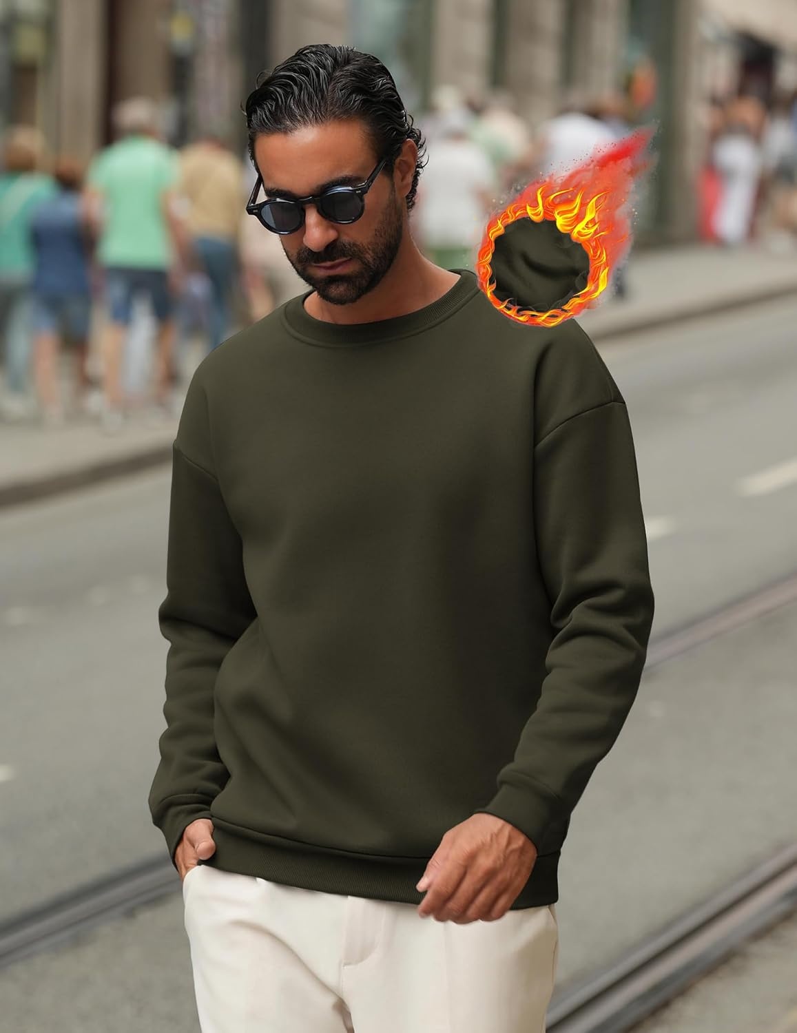 image:imageCOOFANDY Mens Crewneck Sweatshirts Fleece Pullover Thermal Casual Shirt Soft Fleece Lining Long Sleeve Classic Crewneck Fashion Sweatshirt Fall Winter Warm Sweatshirts Basic TopsArmy Green
