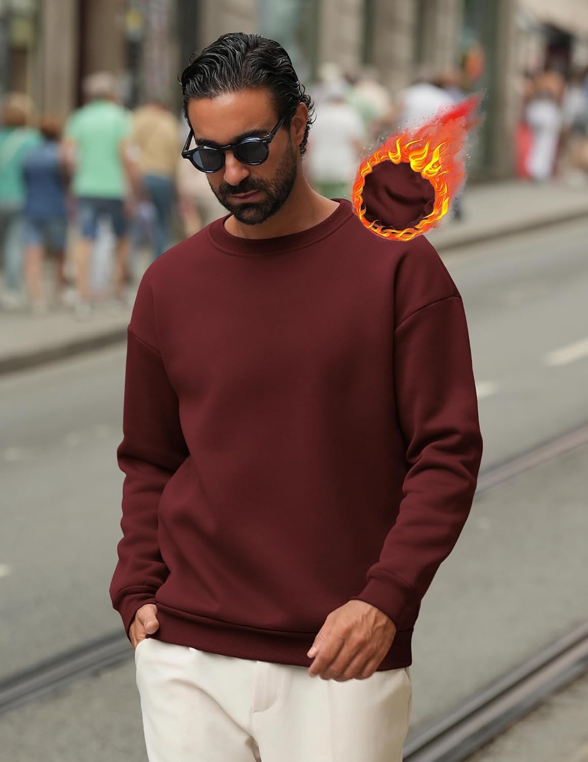 image:imageCOOFANDY Mens Crewneck Sweatshirts Fleece Pullover Thermal Casual Shirt Soft Fleece Lining Long Sleeve Classic Crewneck Fashion Sweatshirt Fall Winter Warm Sweatshirts Basic TopsRed