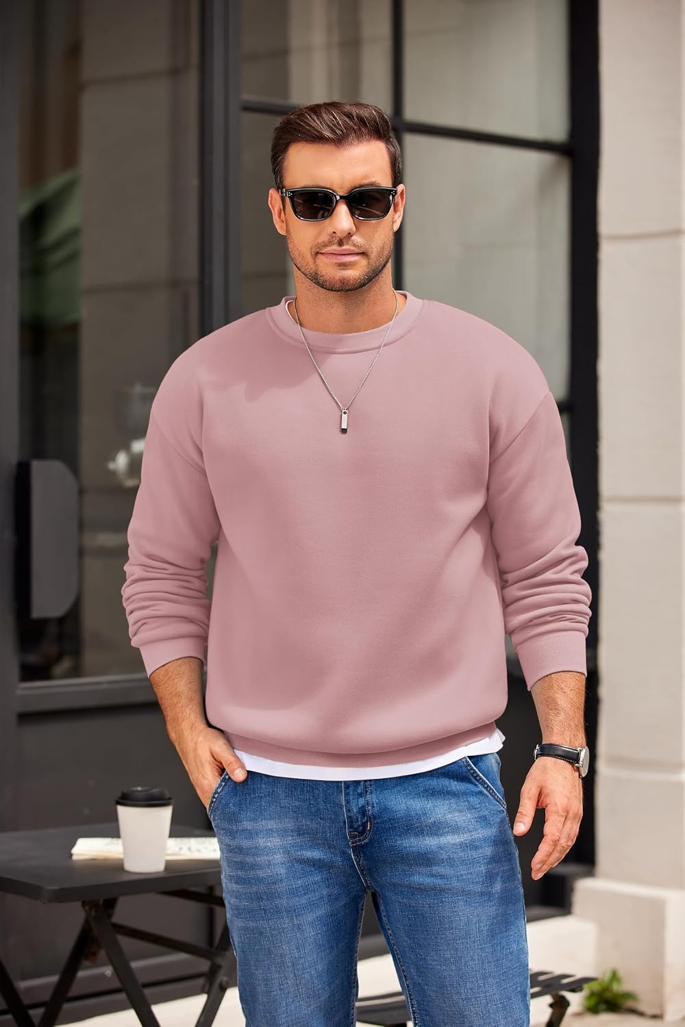 image:imageCOOFANDY Mens Crewneck Sweatshirts Fleece Pullover Thermal Casual Shirt Soft Fleece Lining Long Sleeve Classic Crewneck Fashion Sweatshirt Fall Winter Warm Sweatshirts Basic TopsPink