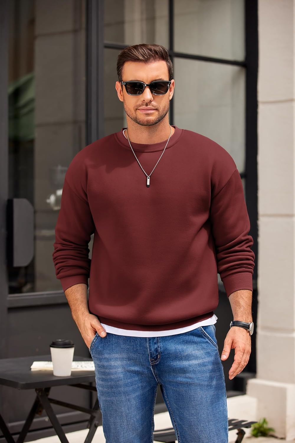 image:imageCOOFANDY Mens Crewneck Sweatshirts Fleece Pullover Thermal Casual Shirt Soft Fleece Lining Long Sleeve Classic Crewneck Fashion Sweatshirt Fall Winter Warm Sweatshirts Basic TopsRed
