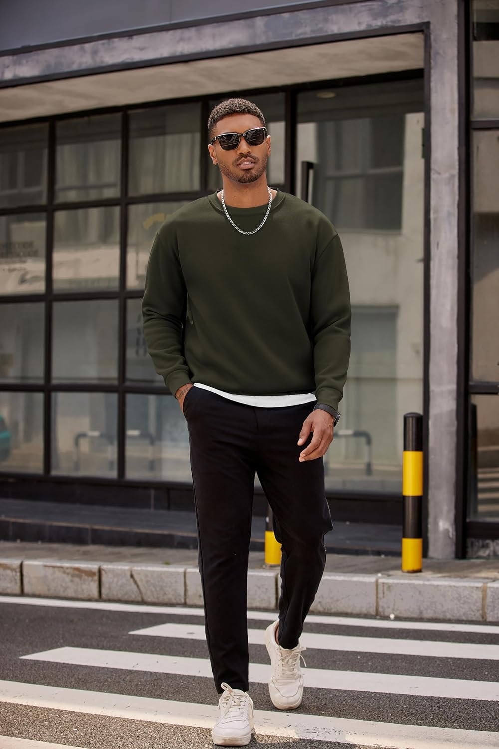 image:imageCOOFANDY Mens Crewneck Sweatshirts Fleece Pullover Thermal Casual Shirt Soft Fleece Lining Long Sleeve Classic Crewneck Fashion Sweatshirt Fall Winter Warm Sweatshirts Basic TopsArmy Green