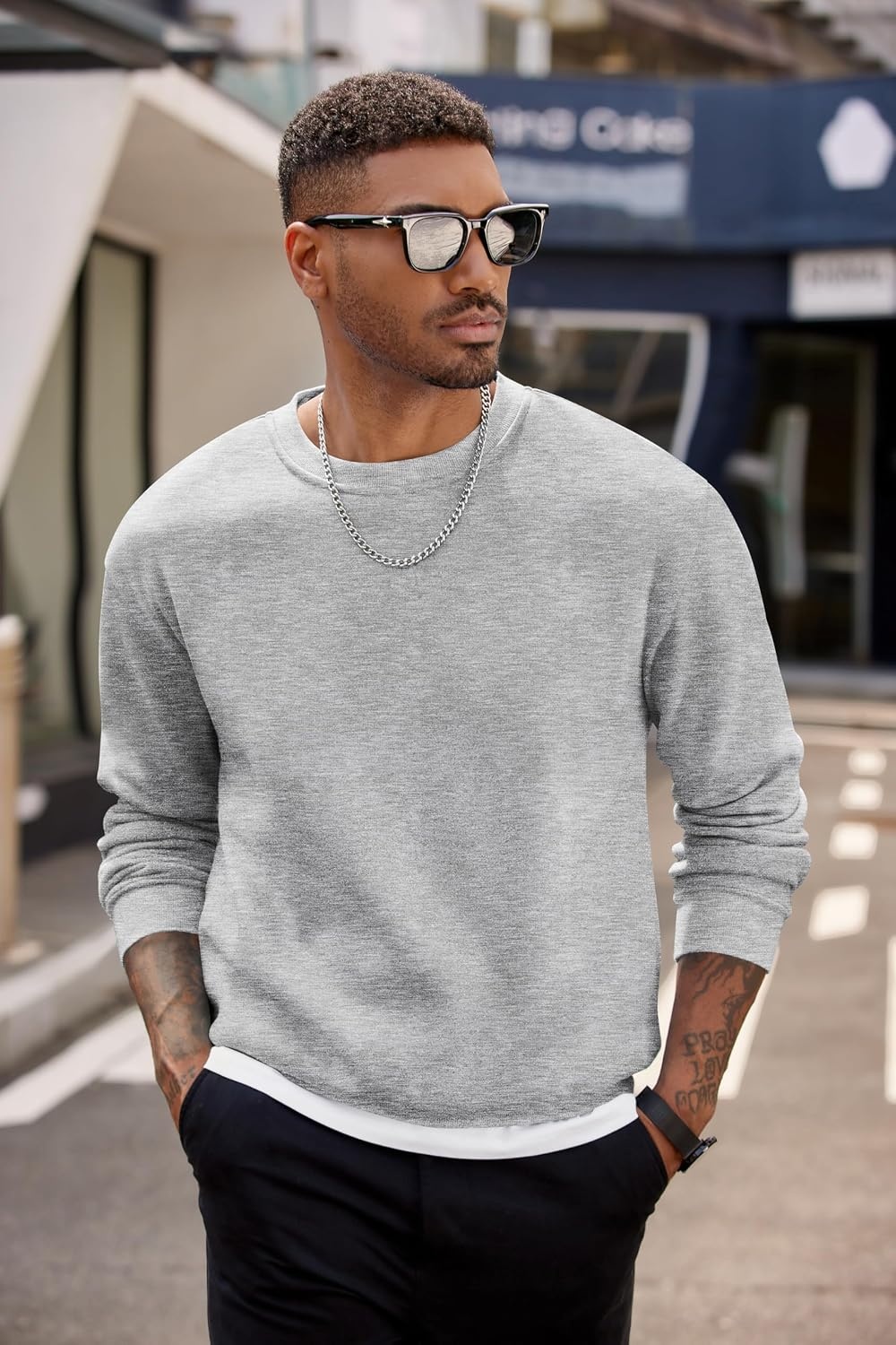 image:imageCOOFANDY Mens Crewneck Sweatshirts Fleece Pullover Thermal Casual Shirt Soft Fleece Lining Long Sleeve Classic Crewneck Fashion Sweatshirt Fall Winter Warm Sweatshirts Basic TopsLight Gray