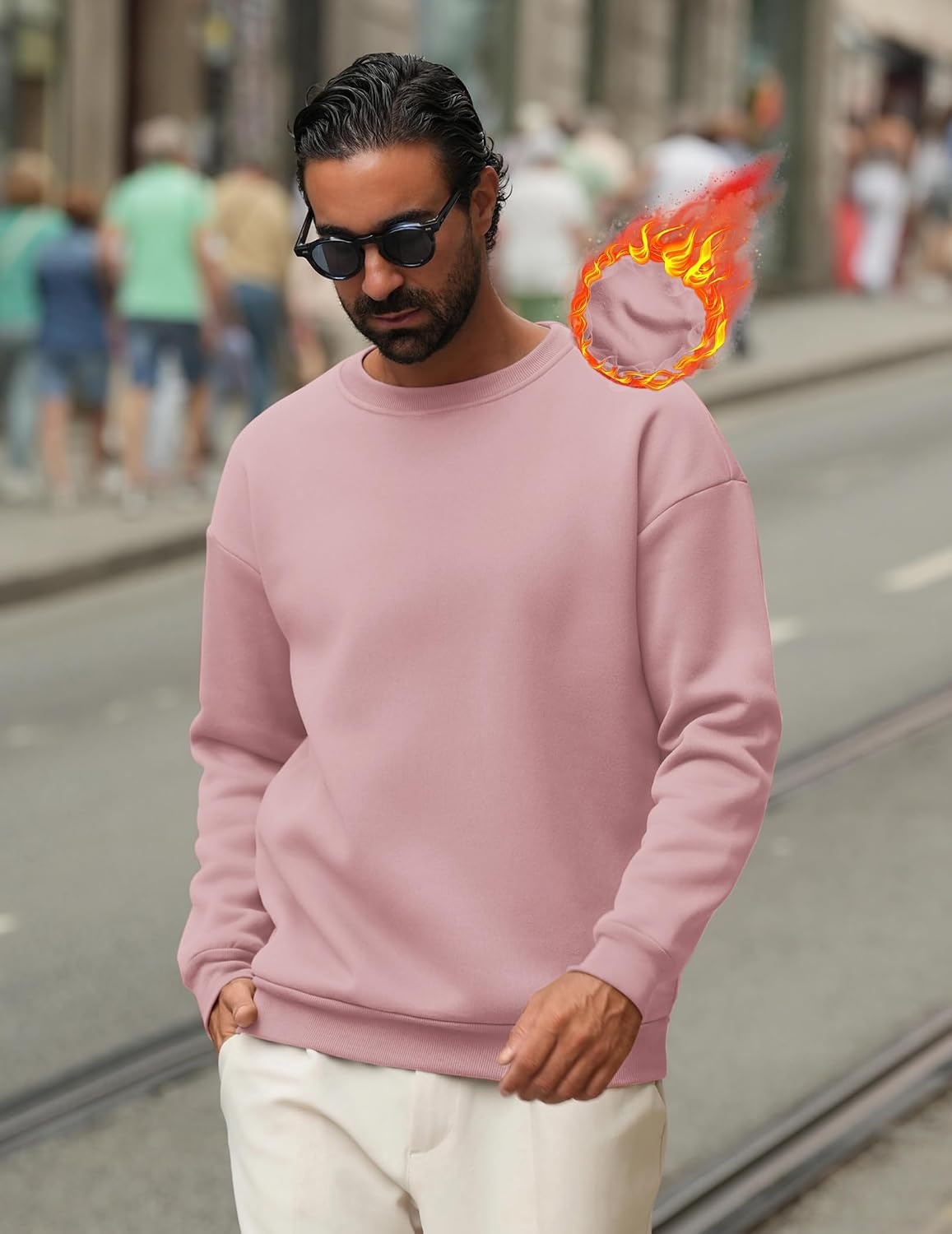 image:imageCOOFANDY Mens Crewneck Sweatshirts Fleece Pullover Thermal Casual Shirt Soft Fleece Lining Long Sleeve Classic Crewneck Fashion Sweatshirt Fall Winter Warm Sweatshirts Basic TopsPink