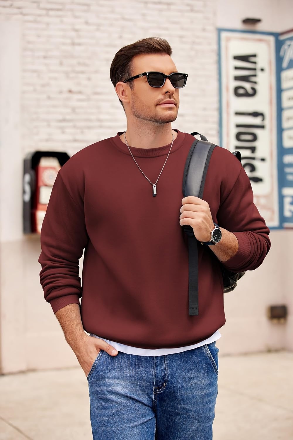 image:imageCOOFANDY Mens Crewneck Sweatshirts Fleece Pullover Thermal Casual Shirt Soft Fleece Lining Long Sleeve Classic Crewneck Fashion Sweatshirt Fall Winter Warm Sweatshirts Basic TopsRed