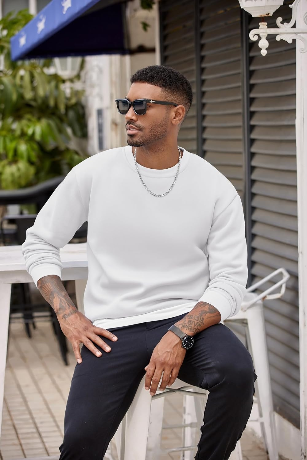 image:imageCOOFANDY Mens Crewneck Sweatshirts Fleece Pullover Thermal Casual Shirt Soft Fleece Lining Long Sleeve Classic Crewneck Fashion Sweatshirt Fall Winter Warm Sweatshirts Basic TopsWhite