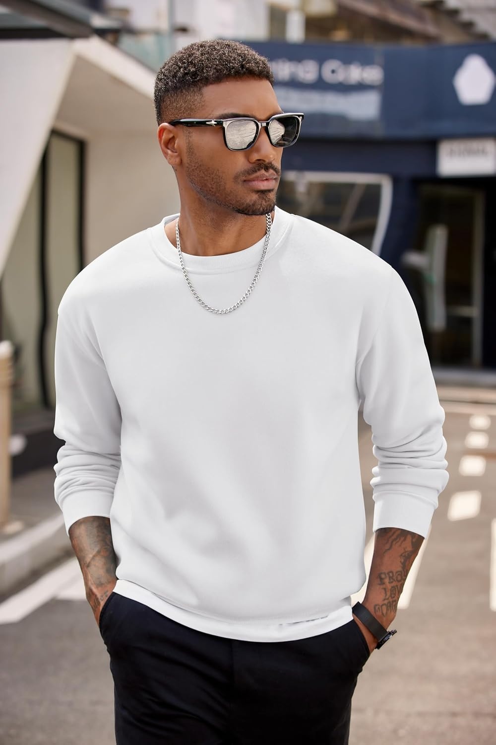 image:imageCOOFANDY Mens Crewneck Sweatshirts Fleece Pullover Thermal Casual Shirt Soft Fleece Lining Long Sleeve Classic Crewneck Fashion Sweatshirt Fall Winter Warm Sweatshirts Basic TopsWhite