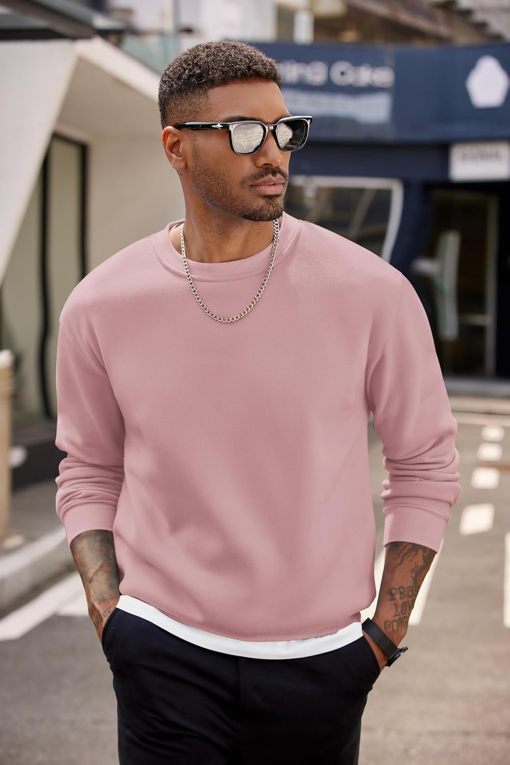 image:imageCOOFANDY Mens Crewneck Sweatshirts Fleece Pullover Thermal Casual Shirt Soft Fleece Lining Long Sleeve Classic Crewneck Fashion Sweatshirt Fall Winter Warm Sweatshirts Basic TopsPink