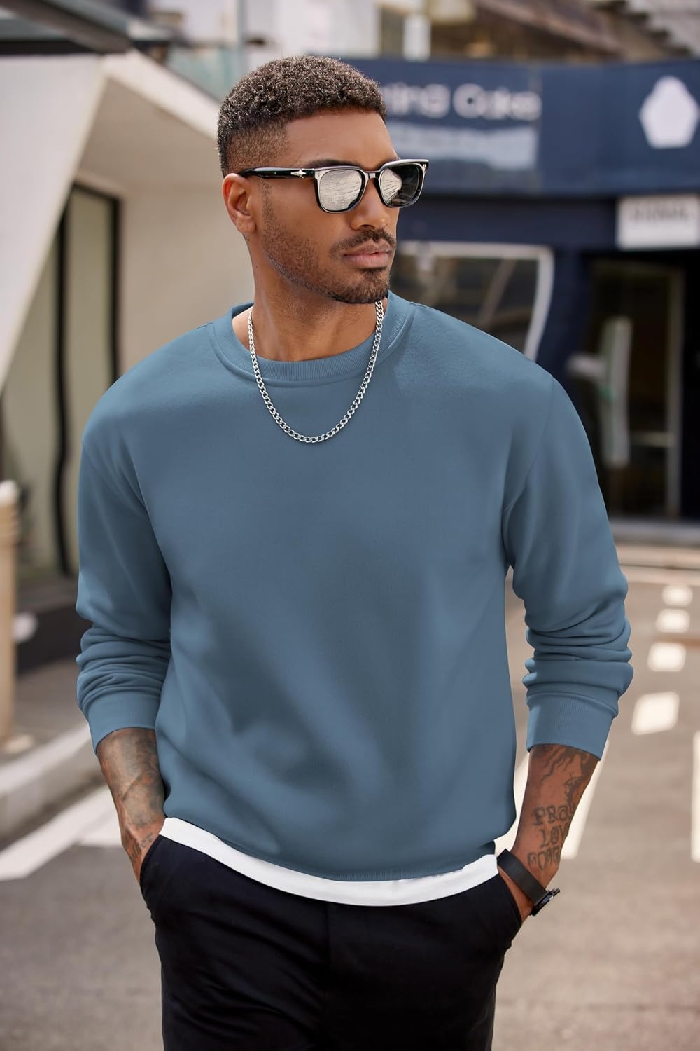 image:imageCOOFANDY Mens Crewneck Sweatshirts Fleece Pullover Thermal Casual Shirt Soft Fleece Lining Long Sleeve Classic Crewneck Fashion Sweatshirt Fall Winter Warm Sweatshirts Basic TopsNavy