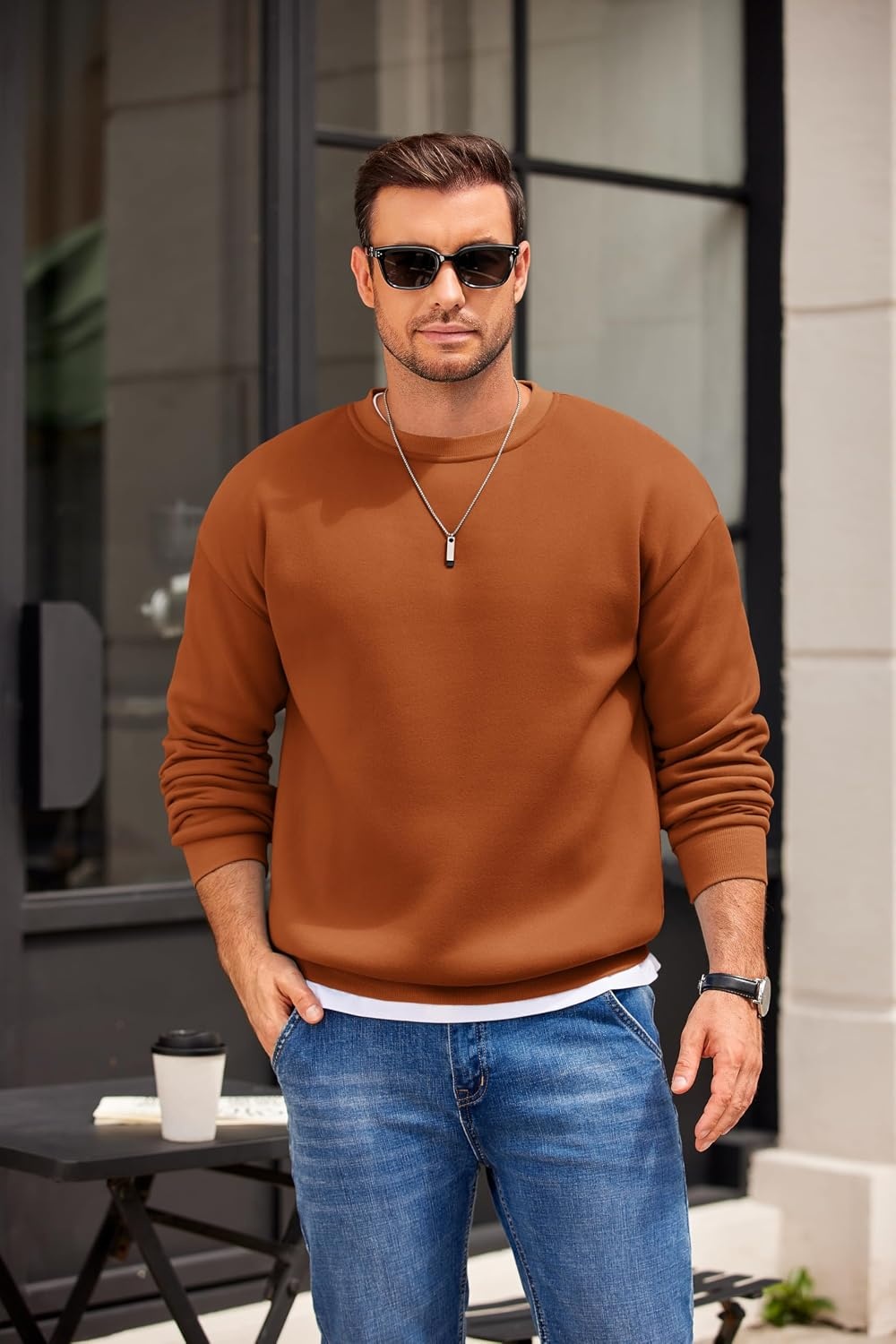 image:imageCOOFANDY Mens Crewneck Sweatshirts Fleece Pullover Thermal Casual Shirt Soft Fleece Lining Long Sleeve Classic Crewneck Fashion Sweatshirt Fall Winter Warm Sweatshirts Basic TopsLight Brown