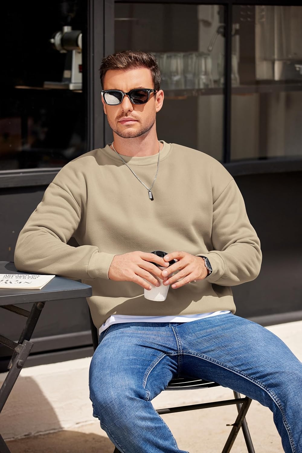 image:imageCOOFANDY Mens Crewneck Sweatshirts Fleece Pullover Thermal Casual Shirt Soft Fleece Lining Long Sleeve Classic Crewneck Fashion Sweatshirt Fall Winter Warm Sweatshirts Basic TopsKhaki
