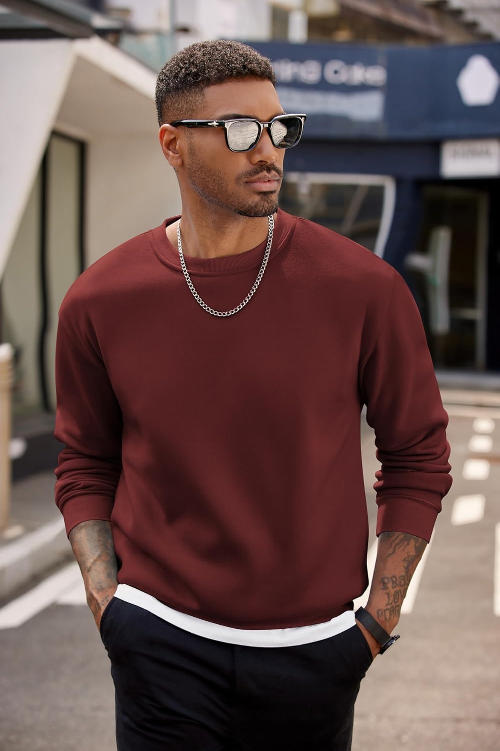 image:imageCOOFANDY Mens Crewneck Sweatshirts Fleece Pullover Thermal Casual Shirt Soft Fleece Lining Long Sleeve Classic Crewneck Fashion Sweatshirt Fall Winter Warm Sweatshirts Basic TopsRed
