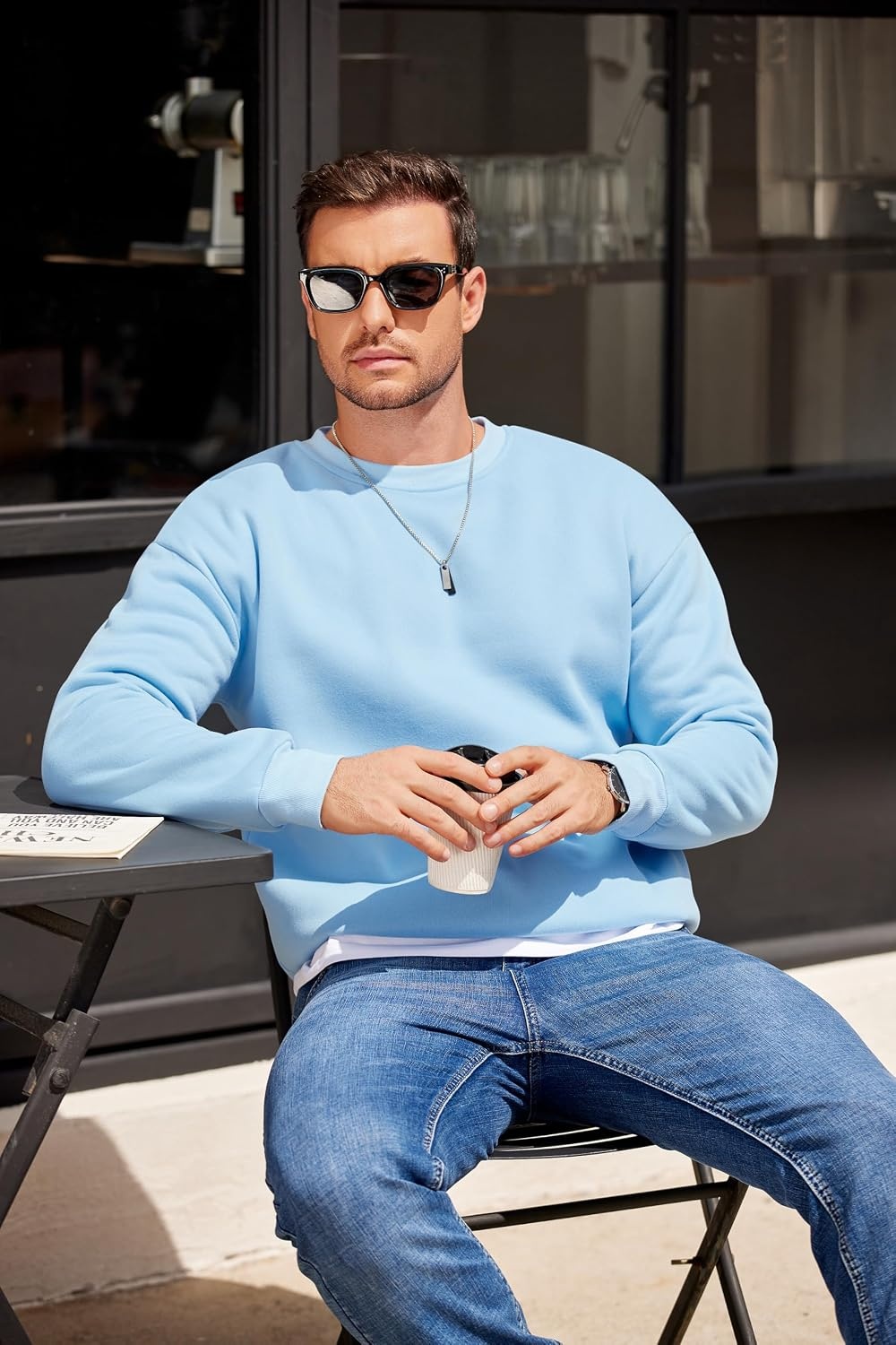 image:imageCOOFANDY Mens Crewneck Sweatshirts Fleece Pullover Thermal Casual Shirt Soft Fleece Lining Long Sleeve Classic Crewneck Fashion Sweatshirt Fall Winter Warm Sweatshirts Basic TopsLight Blue