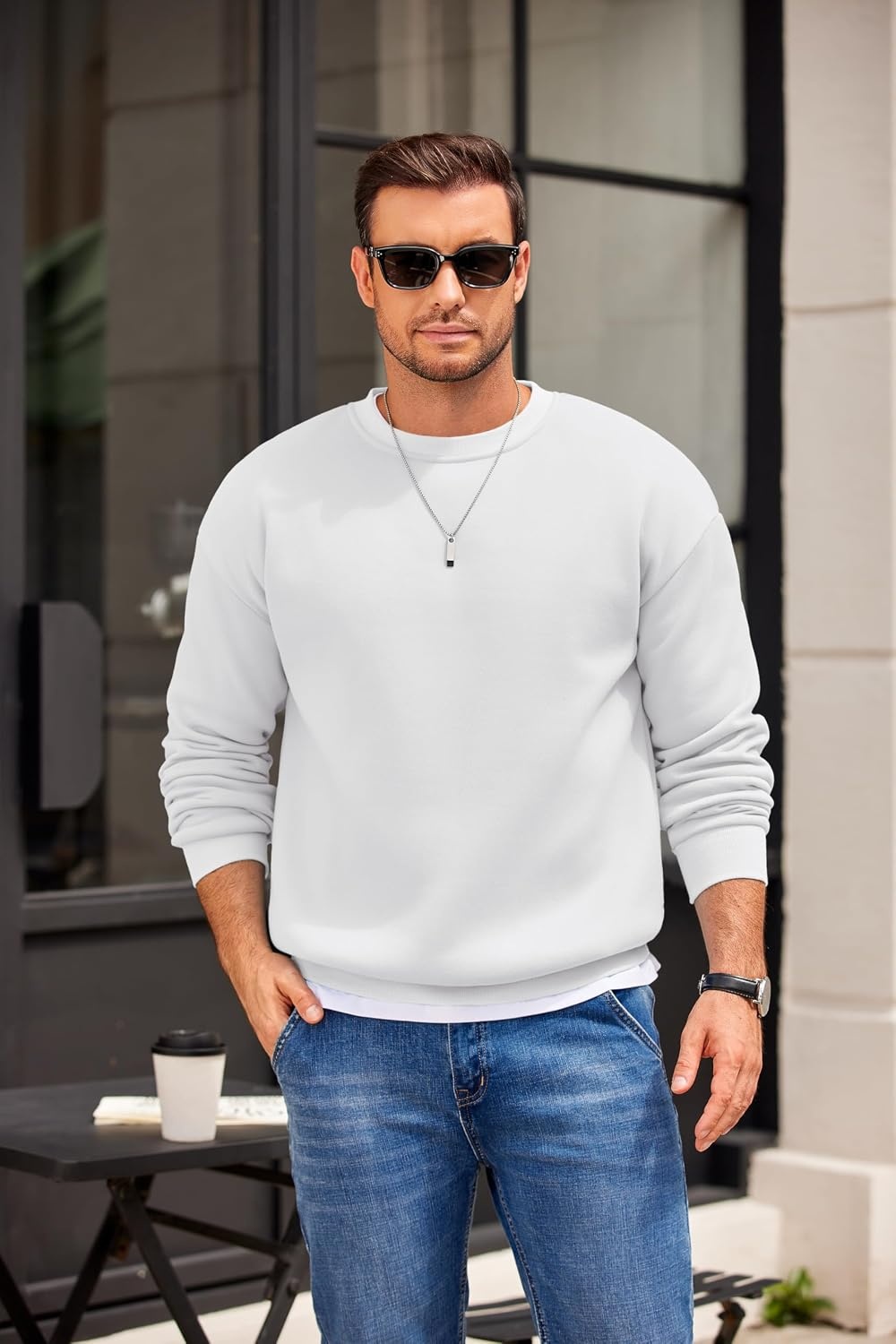 image:imageCOOFANDY Mens Crewneck Sweatshirts Fleece Pullover Thermal Casual Shirt Soft Fleece Lining Long Sleeve Classic Crewneck Fashion Sweatshirt Fall Winter Warm Sweatshirts Basic TopsWhite