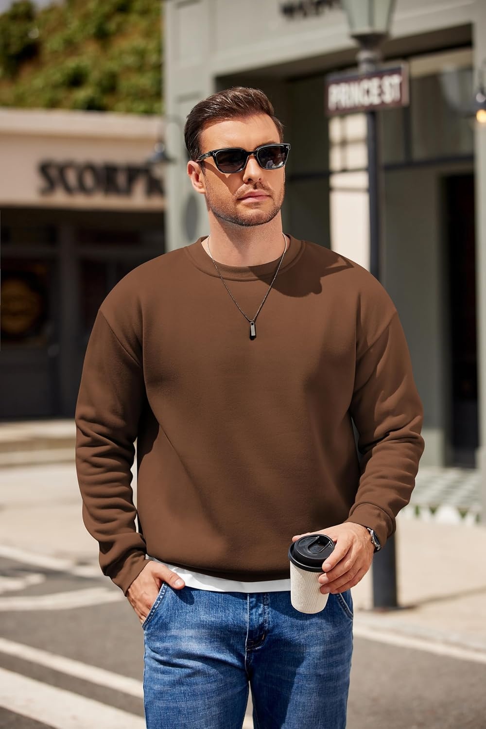 image:imageCOOFANDY Mens Crewneck Sweatshirts Fleece Pullover Thermal Casual Shirt Soft Fleece Lining Long Sleeve Classic Crewneck Fashion Sweatshirt Fall Winter Warm Sweatshirts Basic TopsBrown