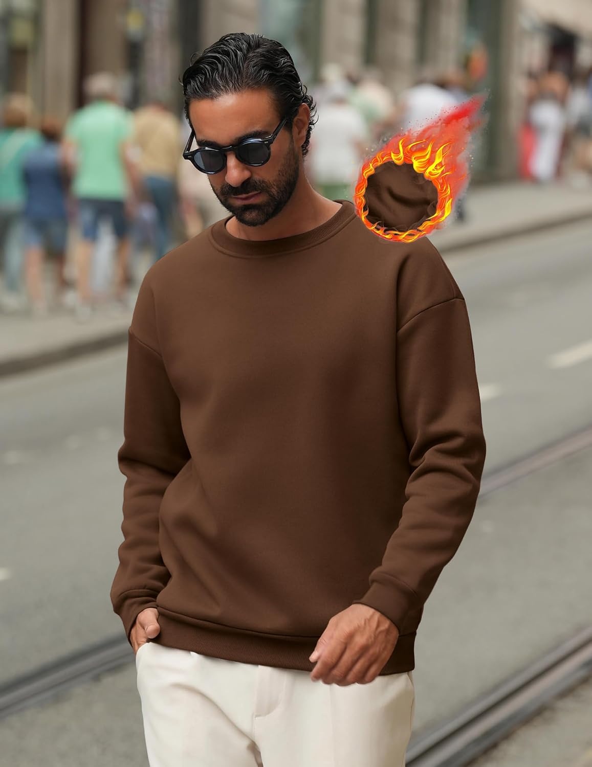 image:imageCOOFANDY Mens Crewneck Sweatshirts Fleece Pullover Thermal Casual Shirt Soft Fleece Lining Long Sleeve Classic Crewneck Fashion Sweatshirt Fall Winter Warm Sweatshirts Basic TopsBrown