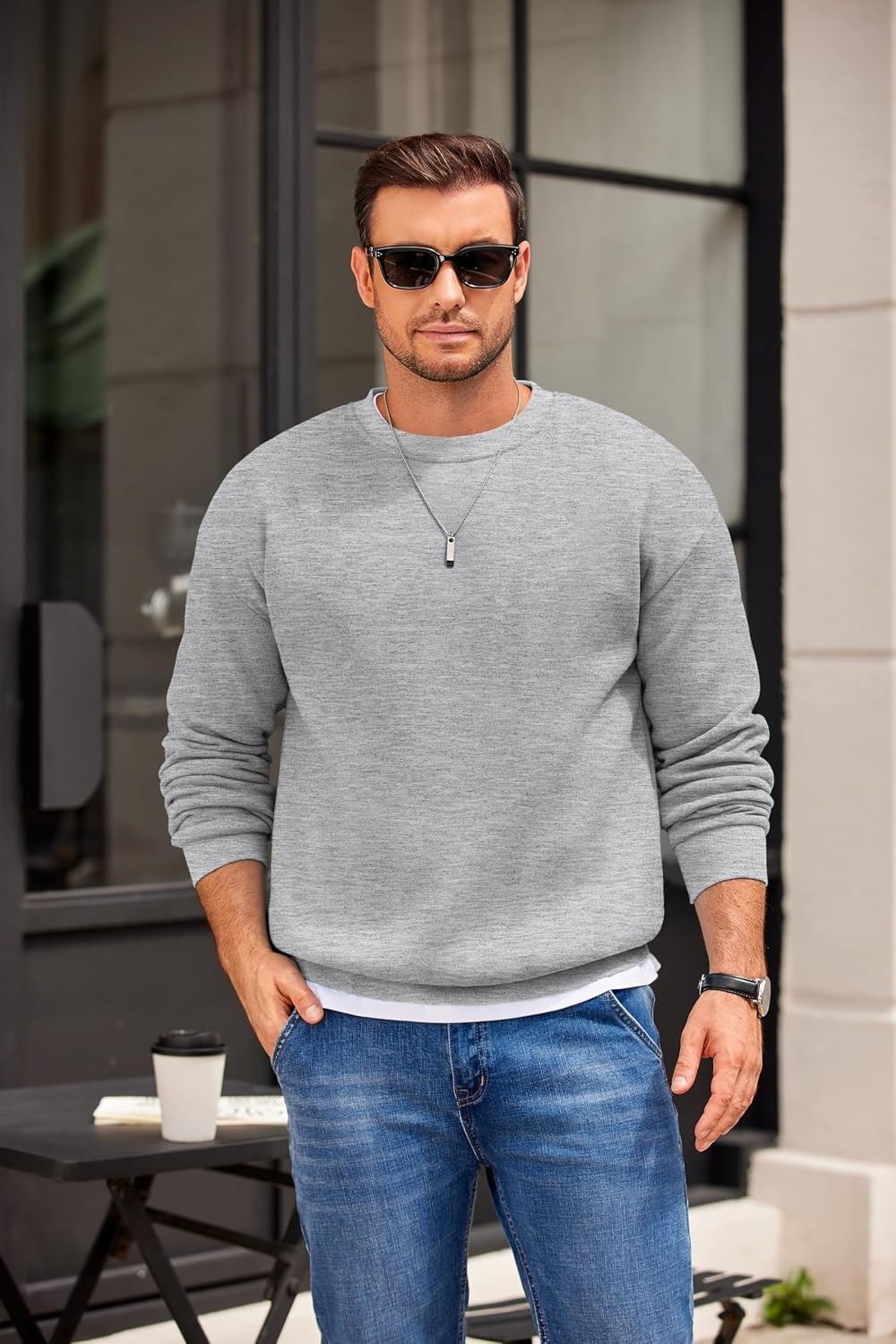 image:imageCOOFANDY Mens Crewneck Sweatshirts Fleece Pullover Thermal Casual Shirt Soft Fleece Lining Long Sleeve Classic Crewneck Fashion Sweatshirt Fall Winter Warm Sweatshirts Basic TopsLight Gray