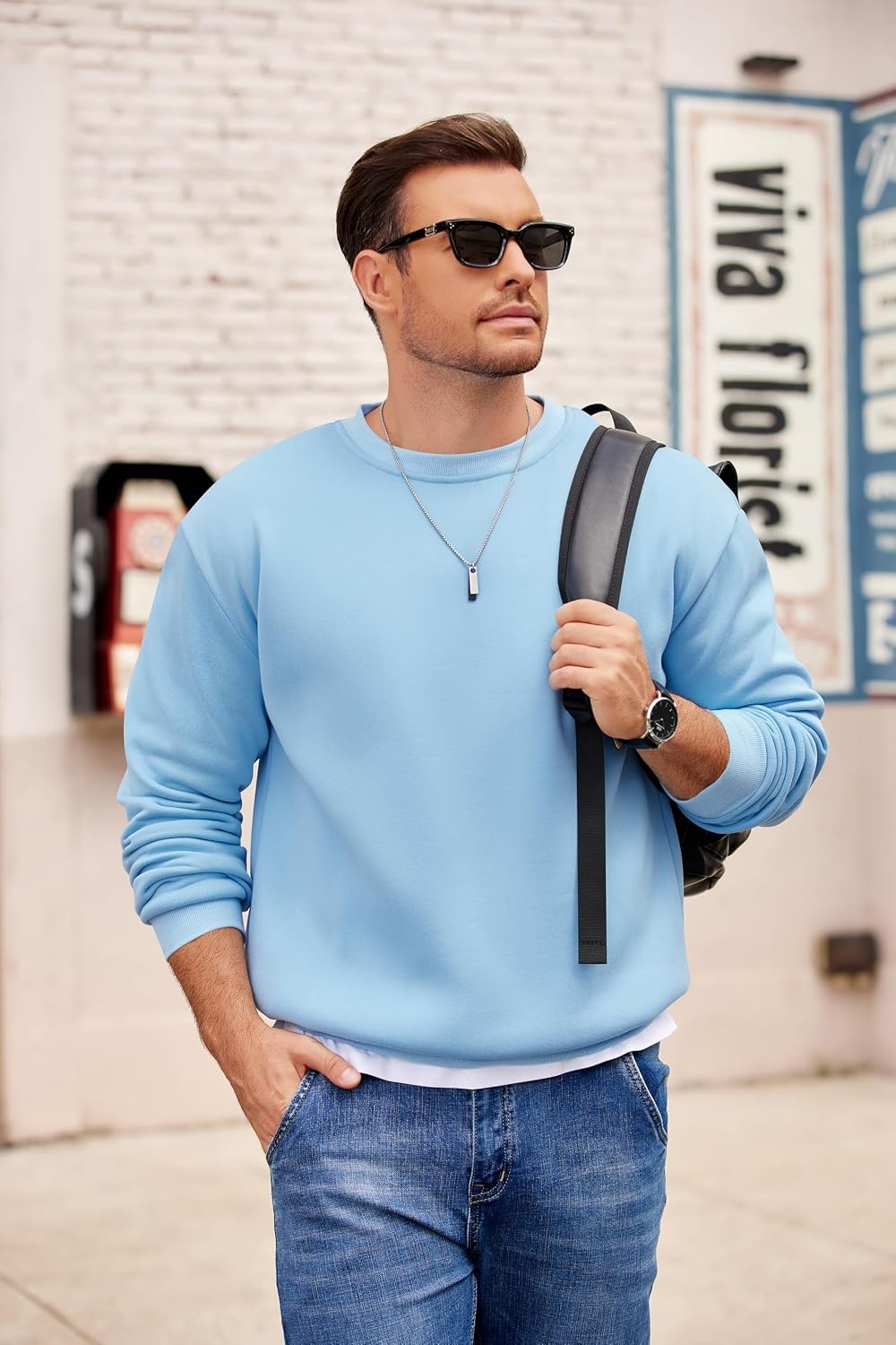 image:imageCOOFANDY Mens Crewneck Sweatshirts Fleece Pullover Thermal Casual Shirt Soft Fleece Lining Long Sleeve Classic Crewneck Fashion Sweatshirt Fall Winter Warm Sweatshirts Basic TopsLight Blue