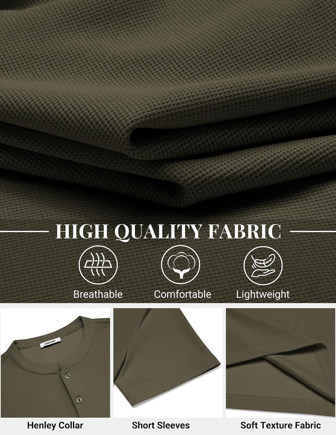 image:imageCOOFANDY Mens Henley Shirts Short Sleeve Texture Casual Button Tee Shirts Lightweigh CasualTextured FabricSummerClassicBasicComfortableBreathableArmy Green
