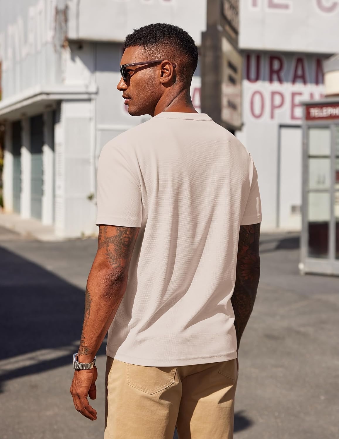 image:imageCOOFANDY Mens Henley Shirts Short Sleeve Texture Casual Button Tee Shirts Lightweigh CasualTextured FabricSummerClassicBasicComfortableBreathableLight Khaki