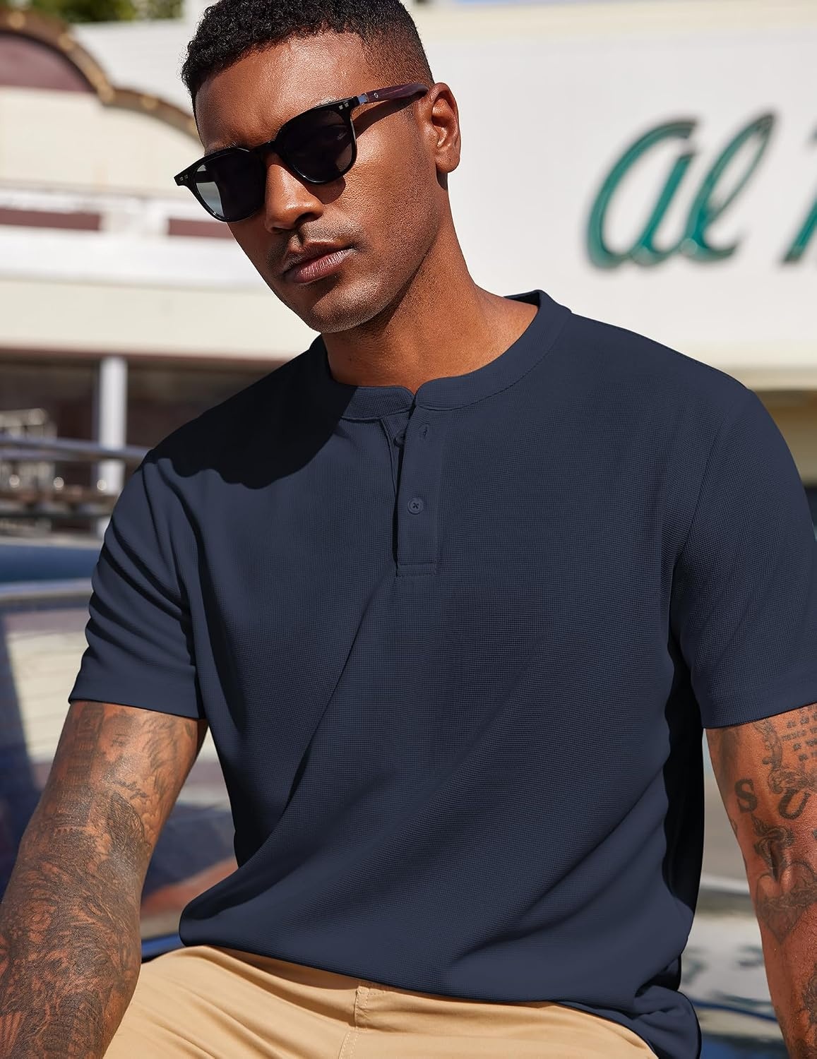 image:imageCOOFANDY Mens Henley Shirts Short Sleeve Texture Casual Button Tee Shirts Lightweigh CasualTextured FabricSummerClassicBasicComfortableBreathableNavy Blue