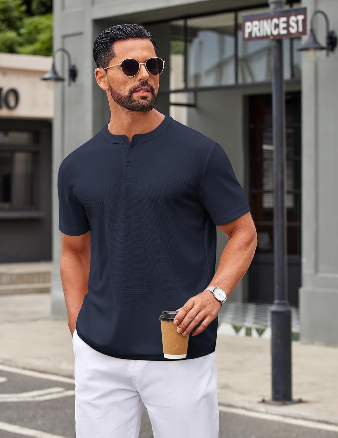 image:imageCOOFANDY Mens Henley Shirts Short Sleeve Texture Casual Button Tee Shirts Lightweigh CasualTextured FabricSummerClassicBasicComfortableBreathableNavy Blue