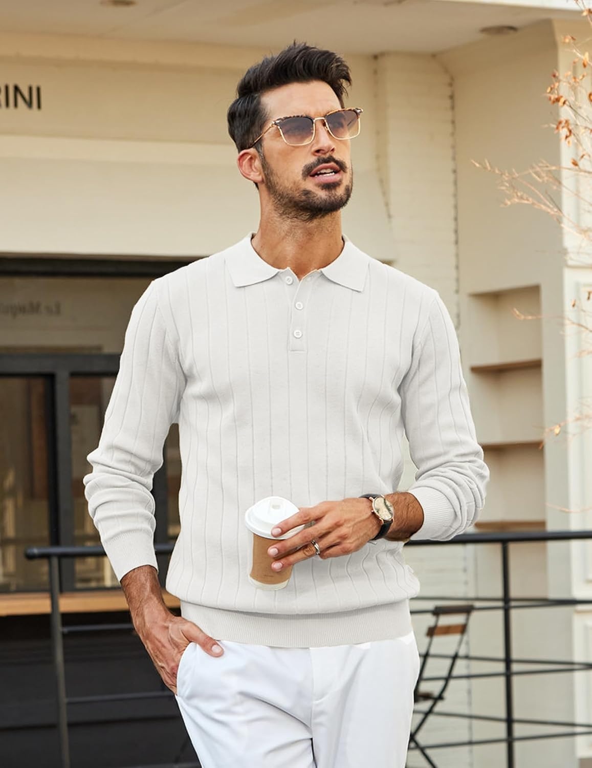 image:imageCOOFANDY Mens Knit Polo Shirts Long Sleeve Casual Dress Pullover Sweater 3 Button Polo Sweater Old Money Lightweight Cozy Daily and Social Outings Slim Fit S4XLWhite