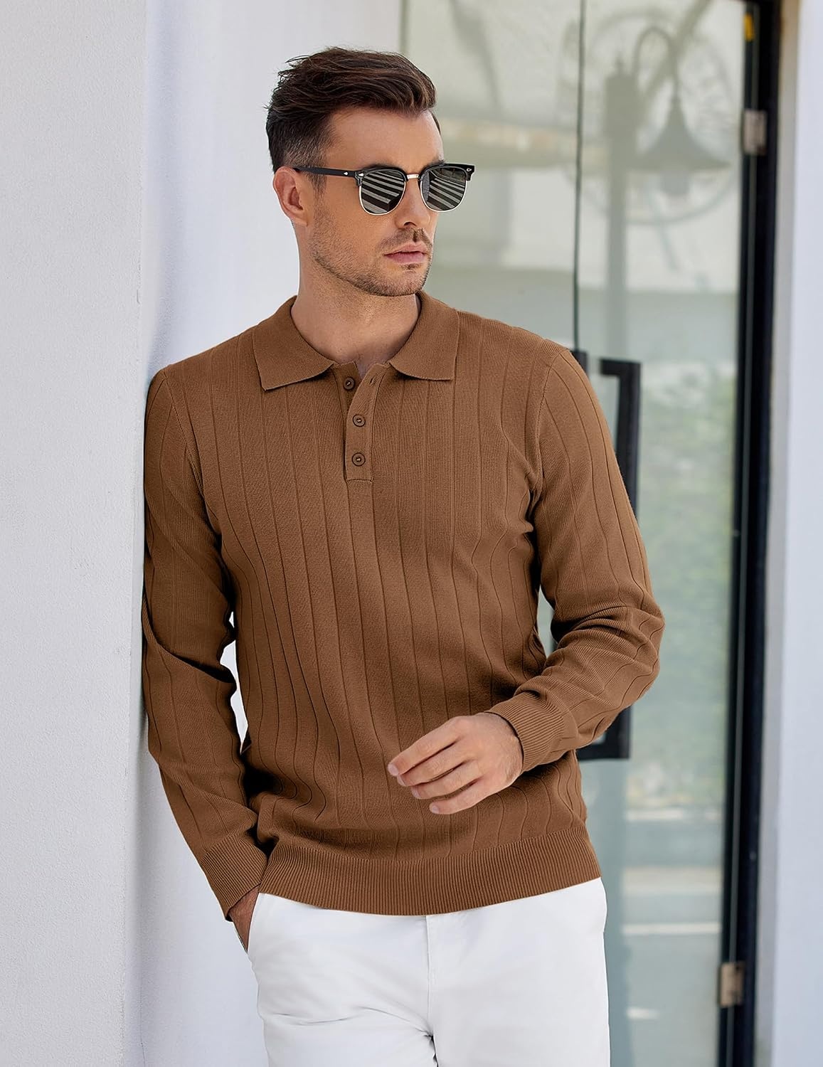 image:imageCOOFANDY Mens Knit Polo Shirts Long Sleeve Casual Dress Pullover Sweater 3 Button Polo Sweater Old Money Lightweight Cozy Daily and Social Outings Slim Fit S4XLBrown