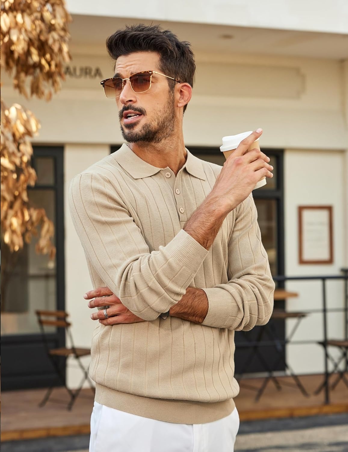 image:imageCOOFANDY Mens Knit Polo Shirts Long Sleeve Casual Dress Pullover Sweater 3 Button Polo Sweater Old Money Lightweight Cozy Daily and Social Outings Slim Fit S4XLKhaki