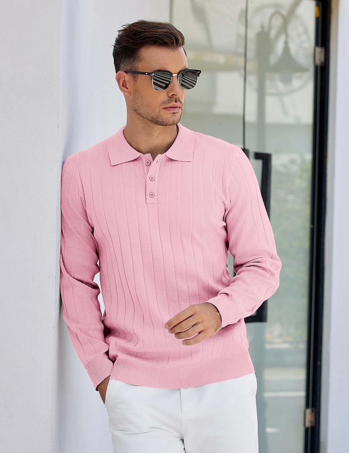 image:imageCOOFANDY Mens Knit Polo Shirts Long Sleeve Casual Dress Pullover Sweater 3 Button Polo Sweater Old Money Lightweight Cozy Daily and Social Outings Slim Fit S4XLPink