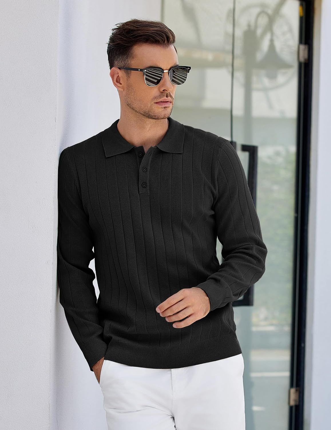 image:imageCOOFANDY Mens Knit Polo Shirts Long Sleeve Casual Dress Pullover Sweater 3 Button Polo Sweater Old Money Lightweight Cozy Daily and Social Outings Slim Fit S4XLBlack