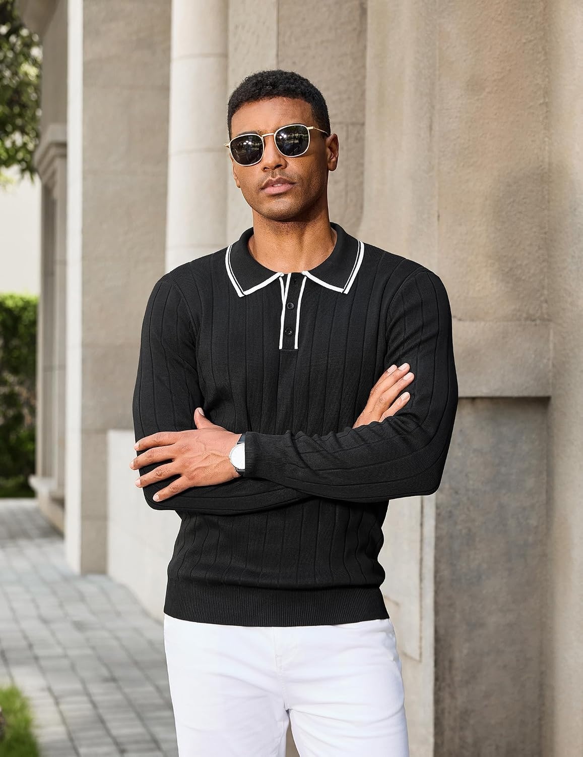image:imageCOOFANDY Mens Knit Polo Shirts Long Sleeve Casual Dress Pullover Sweater 3 Button Polo Sweater Old Money Lightweight Cozy Daily and Social Outings Slim Fit S4XLBlack White