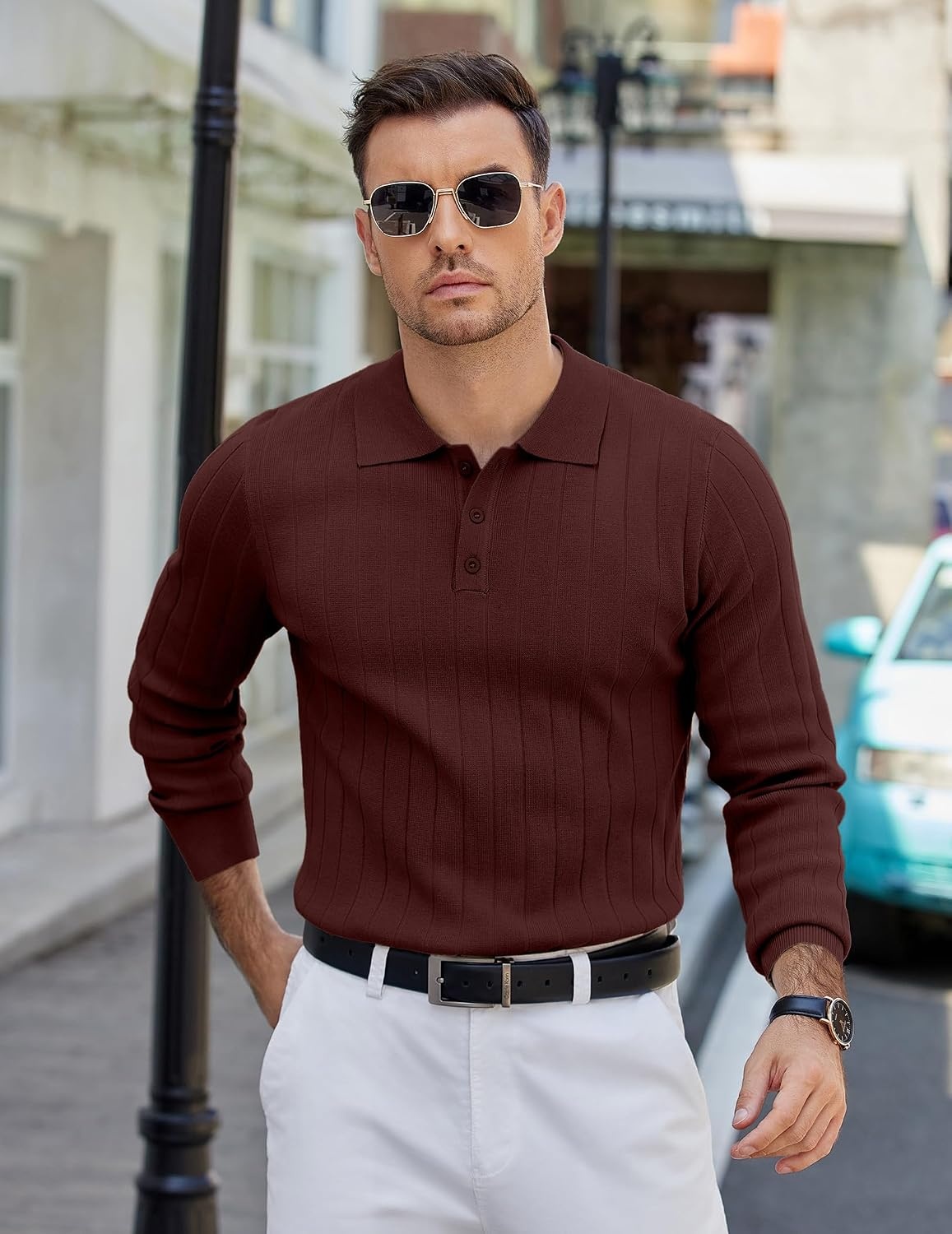 image:imageCOOFANDY Mens Knit Polo Shirts Long Sleeve Casual Dress Pullover Sweater 3 Button Polo Sweater Old Money Lightweight Cozy Daily and Social Outings Slim Fit S4XLCoffee