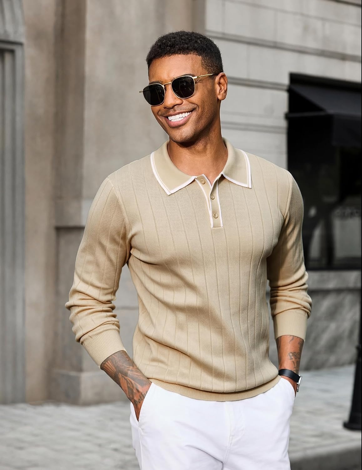 image:imageCOOFANDY Mens Knit Polo Shirts Long Sleeve Casual Dress Pullover Sweater 3 Button Polo Sweater Old Money Lightweight Cozy Daily and Social Outings Slim Fit S4XLKhaki White