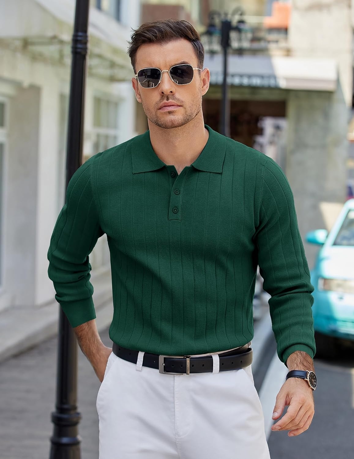 image:imageCOOFANDY Mens Knit Polo Shirts Long Sleeve Casual Dress Pullover Sweater 3 Button Polo Sweater Old Money Lightweight Cozy Daily and Social Outings Slim Fit S4XLDark Green