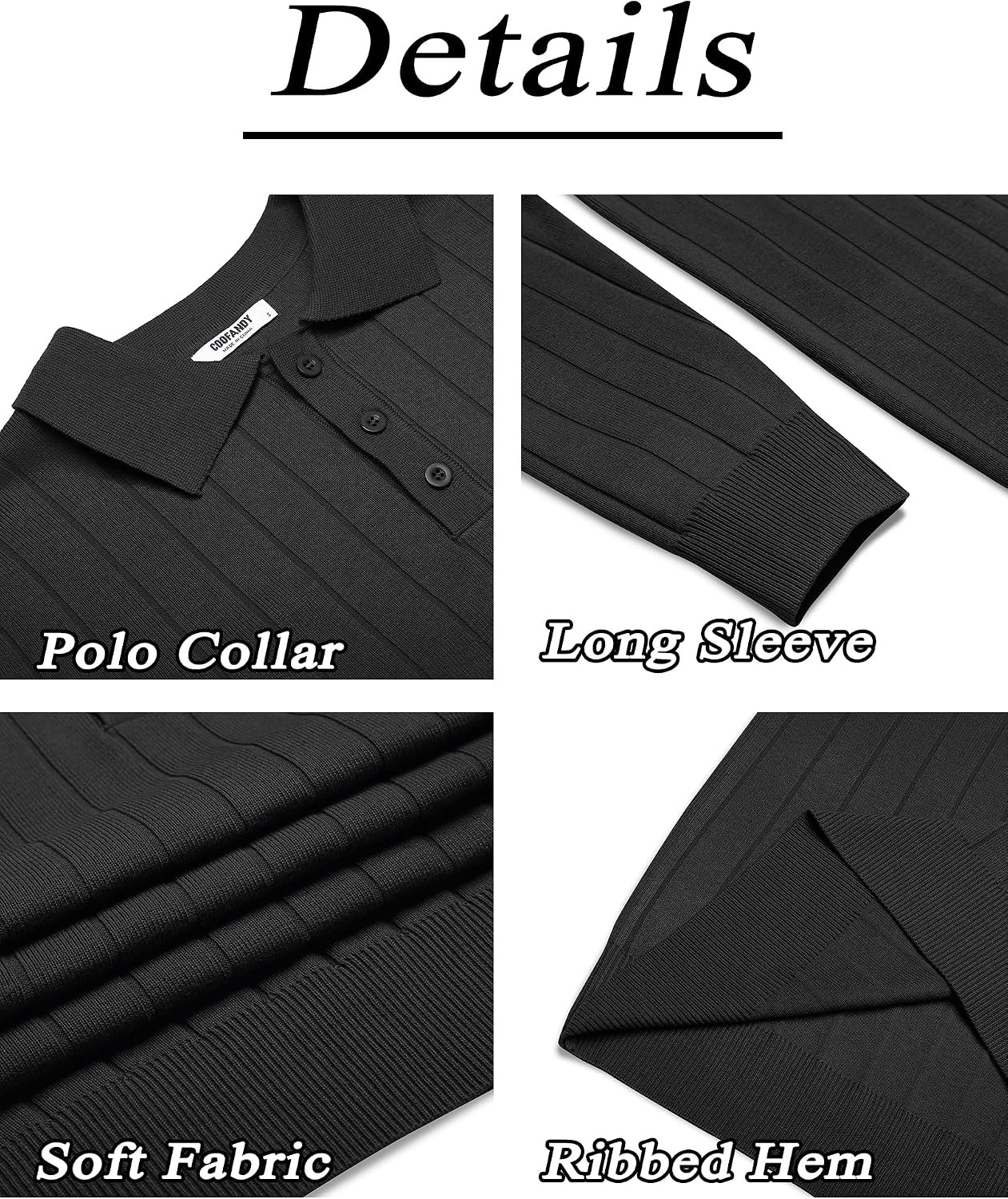 image:imageCOOFANDY Mens Knit Polo Shirts Long Sleeve Casual Dress Pullover Sweater 3 Button Polo Sweater Old Money Lightweight Cozy Daily and Social Outings Slim Fit S4XLBlack