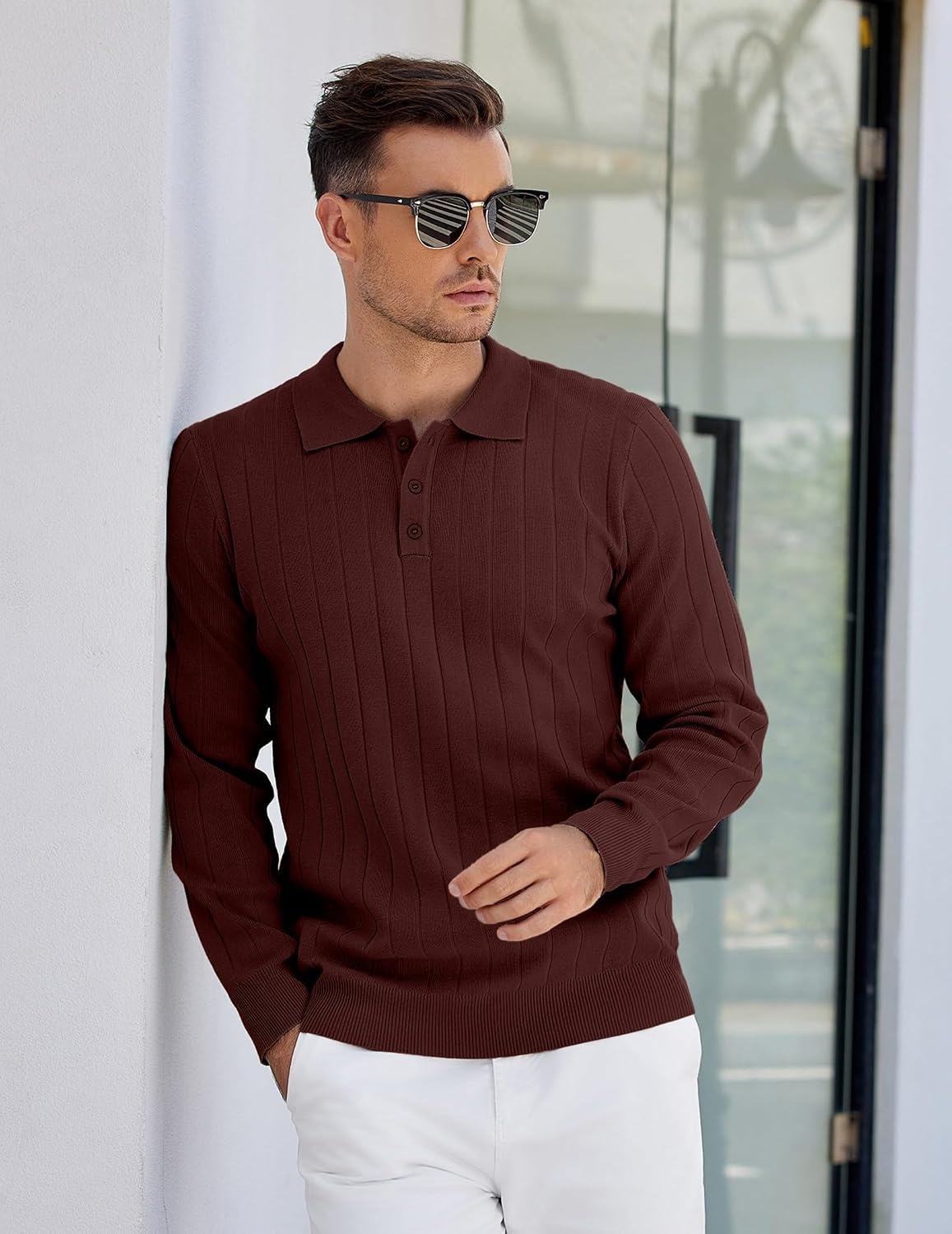 image:imageCOOFANDY Mens Knit Polo Shirts Long Sleeve Casual Dress Pullover Sweater 3 Button Polo Sweater Old Money Lightweight Cozy Daily and Social Outings Slim Fit S4XLCoffee