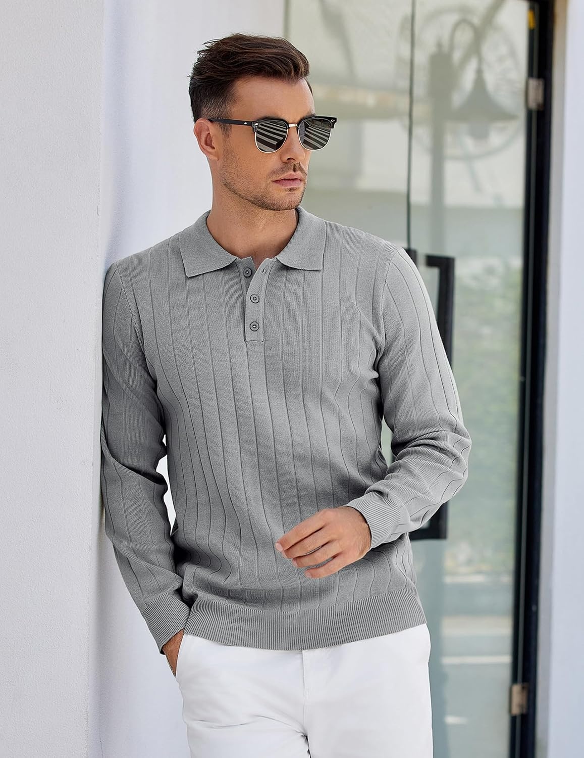 image:imageCOOFANDY Mens Knit Polo Shirts Long Sleeve Casual Dress Pullover Sweater 3 Button Polo Sweater Old Money Lightweight Cozy Daily and Social Outings Slim Fit S4XLLight Grey