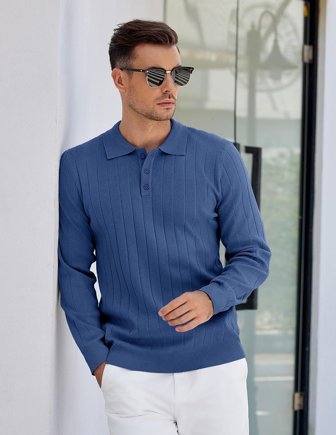 image:imageCOOFANDY Mens Knit Polo Shirts Long Sleeve Casual Dress Pullover Sweater 3 Button Polo Sweater Old Money Lightweight Cozy Daily and Social Outings Slim Fit S4XLDemin Blue