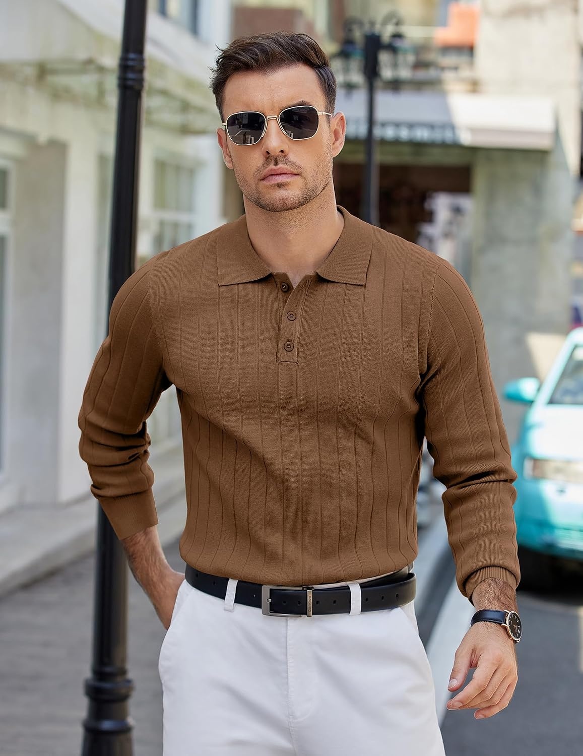 image:imageCOOFANDY Mens Knit Polo Shirts Long Sleeve Casual Dress Pullover Sweater 3 Button Polo Sweater Old Money Lightweight Cozy Daily and Social Outings Slim Fit S4XLBrown