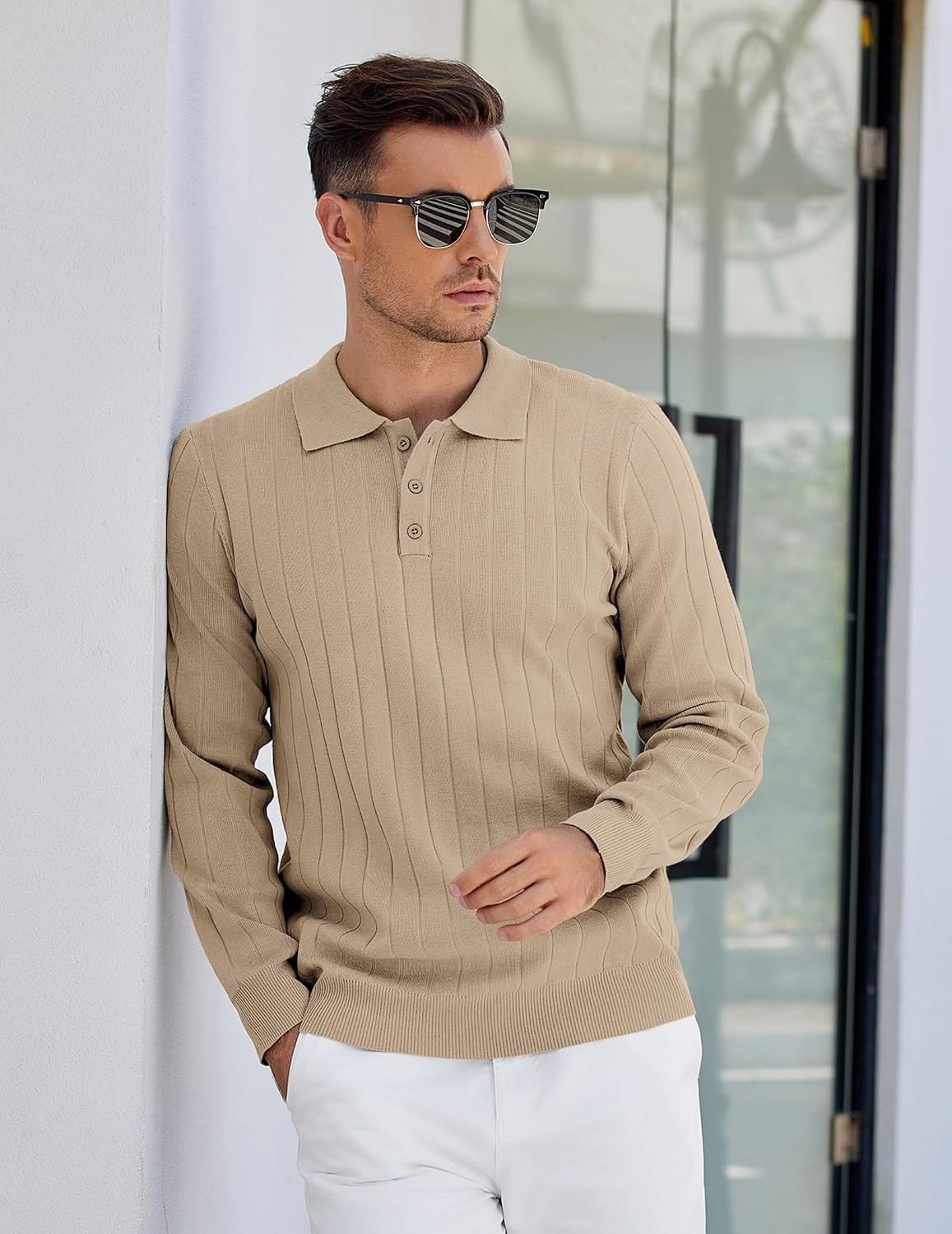 image:imageCOOFANDY Mens Knit Polo Shirts Long Sleeve Casual Dress Pullover Sweater 3 Button Polo Sweater Old Money Lightweight Cozy Daily and Social Outings Slim Fit S4XLKhaki
