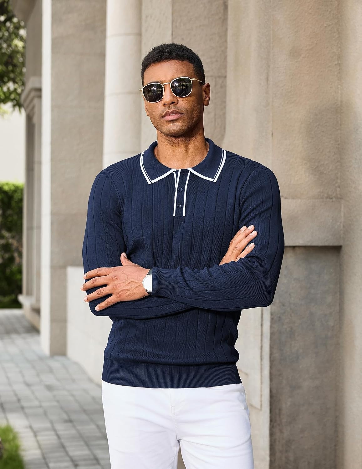 image:imageCOOFANDY Mens Knit Polo Shirts Long Sleeve Casual Dress Pullover Sweater 3 Button Polo Sweater Old Money Lightweight Cozy Daily and Social Outings Slim Fit S4XLNavy White